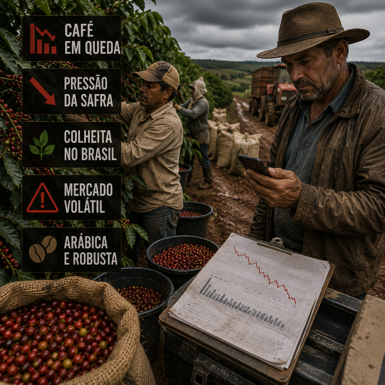 preço do café hoje em queda com pressão da colheita brasileira e ajustes técnicos