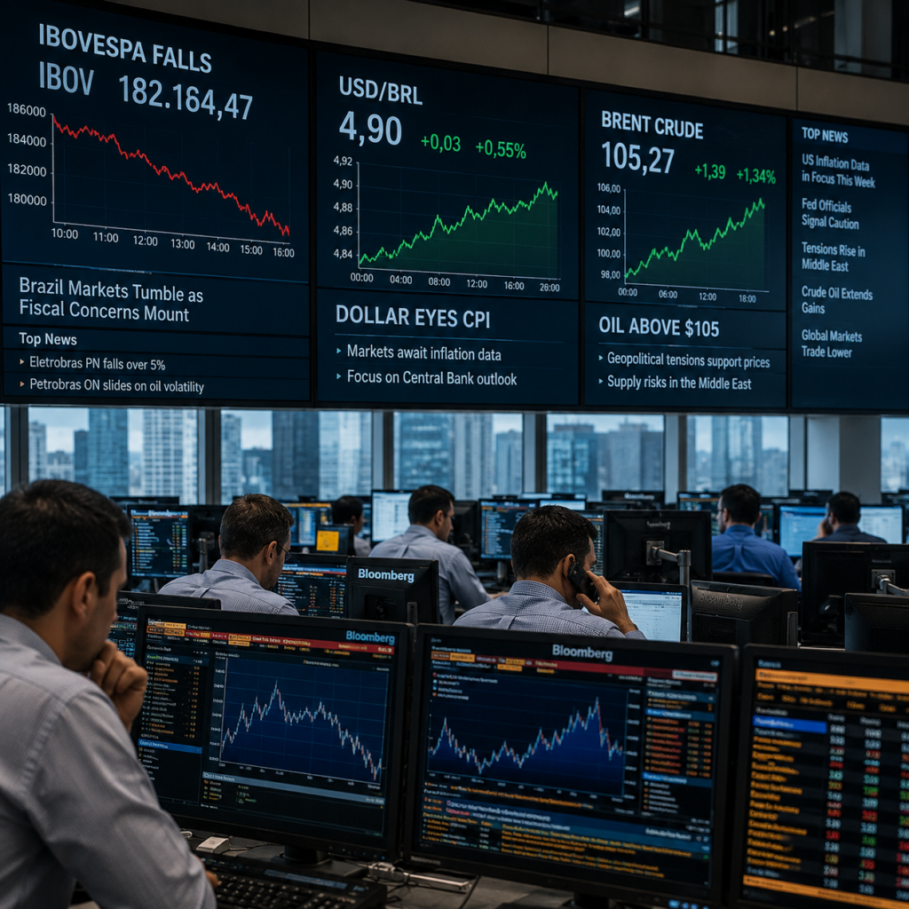 Traders monitoring Ibovespa and US dollar movements on financial screens as oil prices rise amid US-Iran tensions and inflation concerns.
