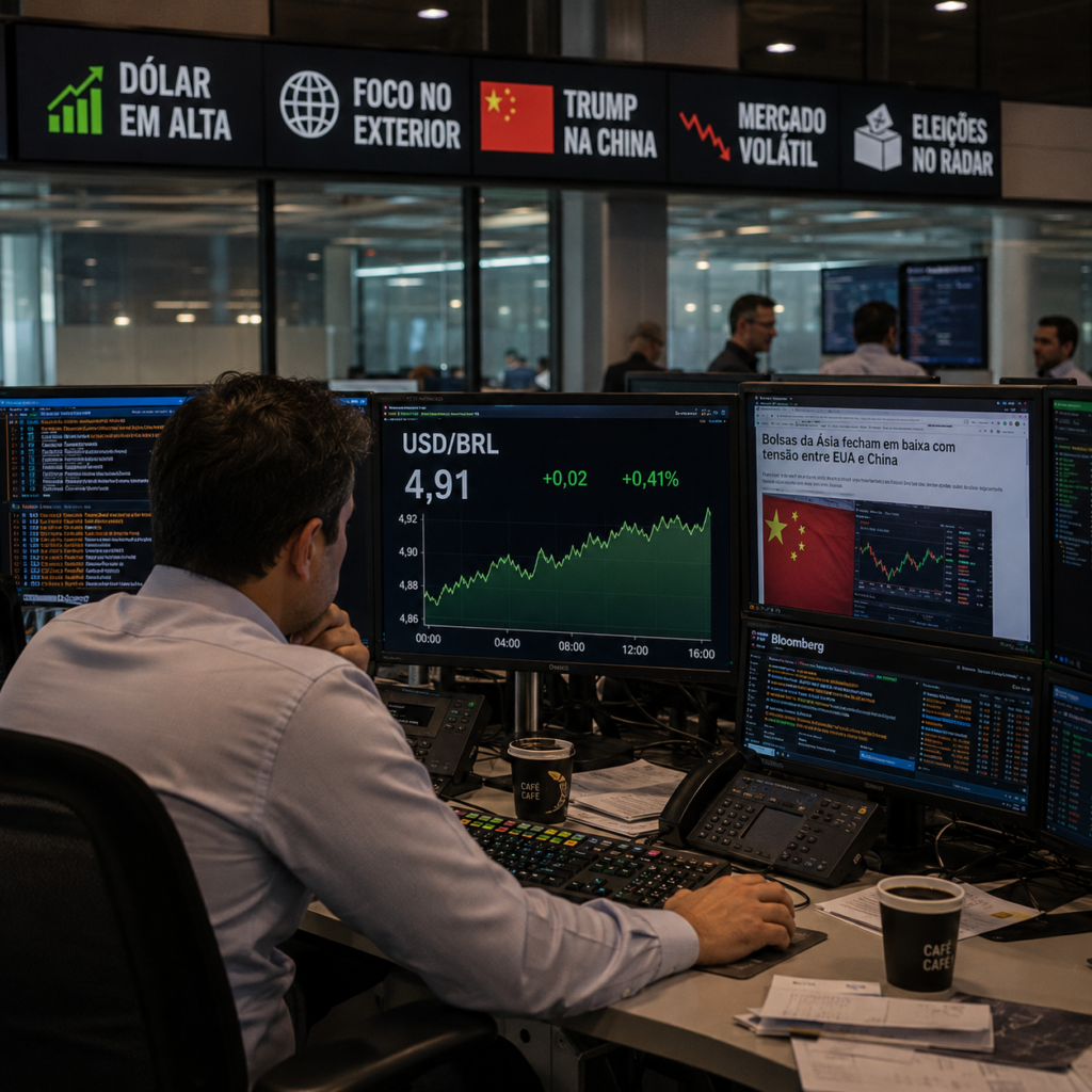 dólar hoje opera em alta com tensão global e foco eleitoral no Brasil