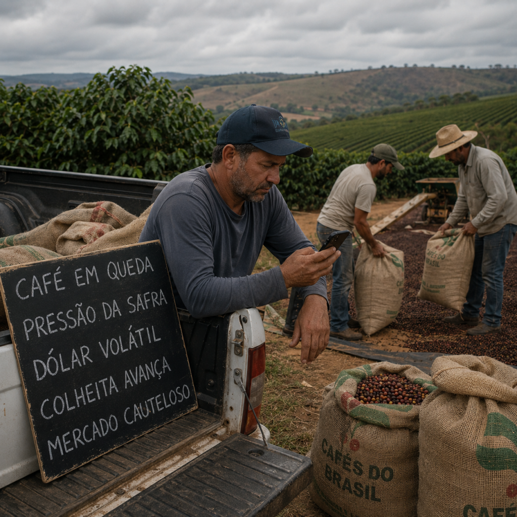 preço do café hoje em queda com pressão da safra brasileira e volatilidade do dólar