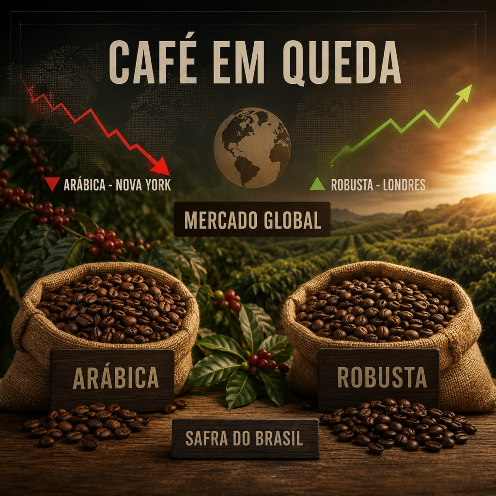 preço do café hoje com arábica em queda em Nova York e robusta em alta em Londres