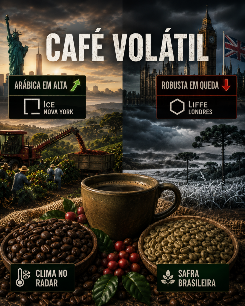 preço do café hoje com alta do arábica e pressão no robusta em Londres