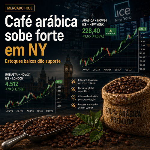 café arábica hoje em alta na bolsa de Nova York com estoques baixos e ajuste técnico